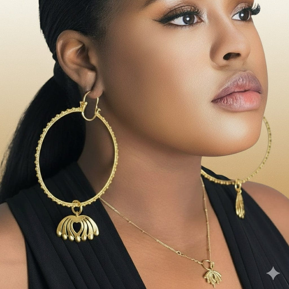 Alliyette Earrings Gold Peacock Allure Large Charm Hoops 18k sterling vermeil demi-fine jewelry