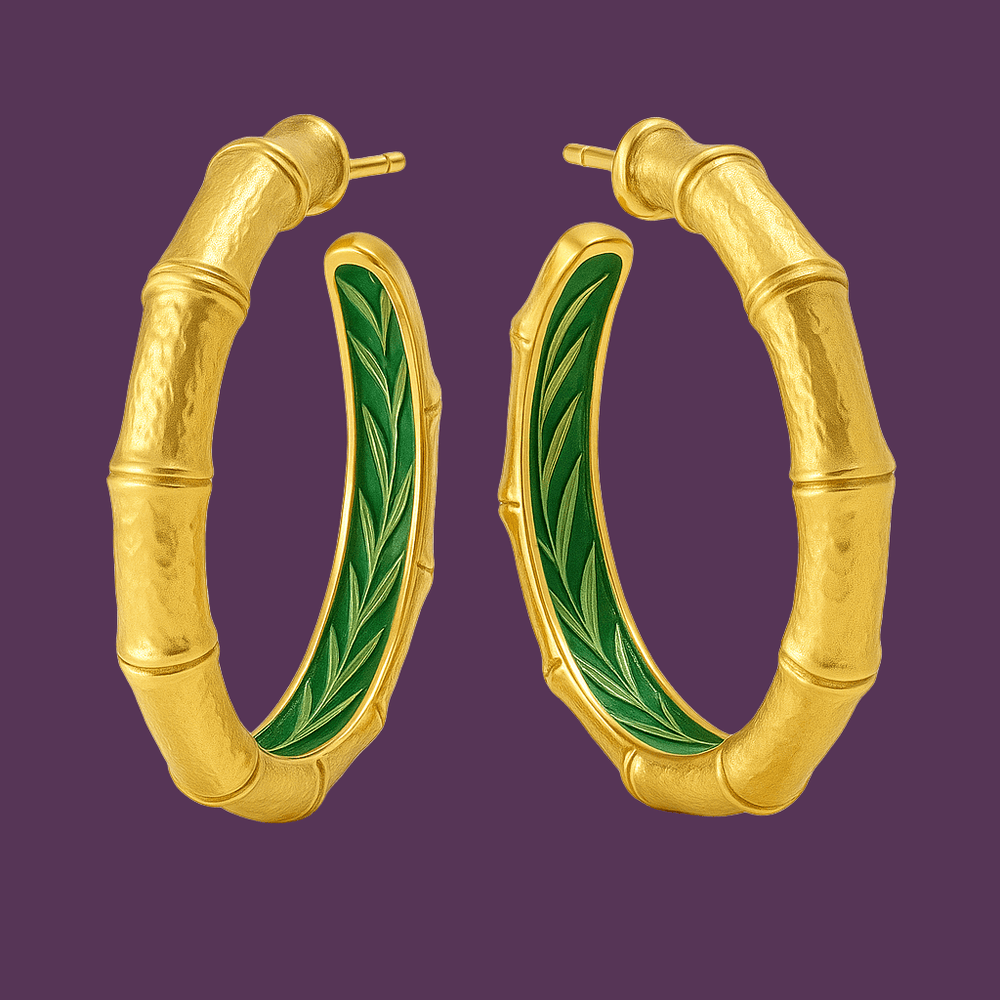 Alliyette Earrings Gold Sugá Cane Hoops - Green Enamel 18k sterling vermeil demi-fine jewelry