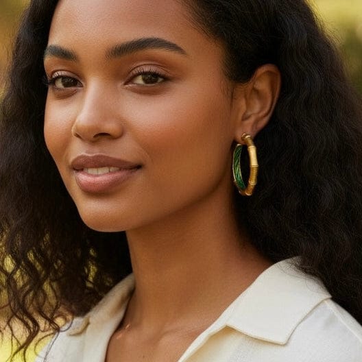 Alliyette Earrings Gold Sugá Cane Hoops - Green Enamel 18k sterling vermeil demi-fine jewelry