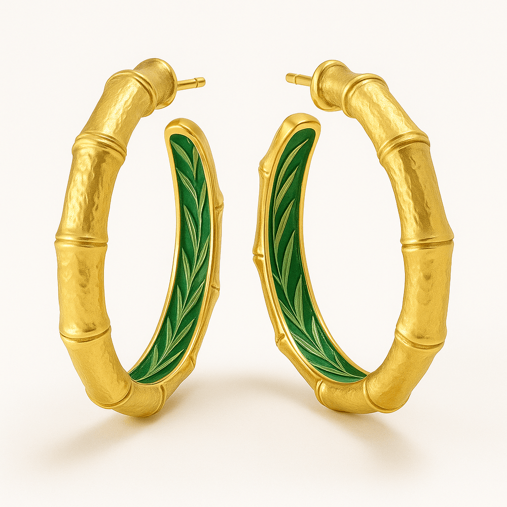 Alliyette Earrings Gold Sugá Cane Hoops - Green Enamel 18k sterling vermeil demi-fine jewelry