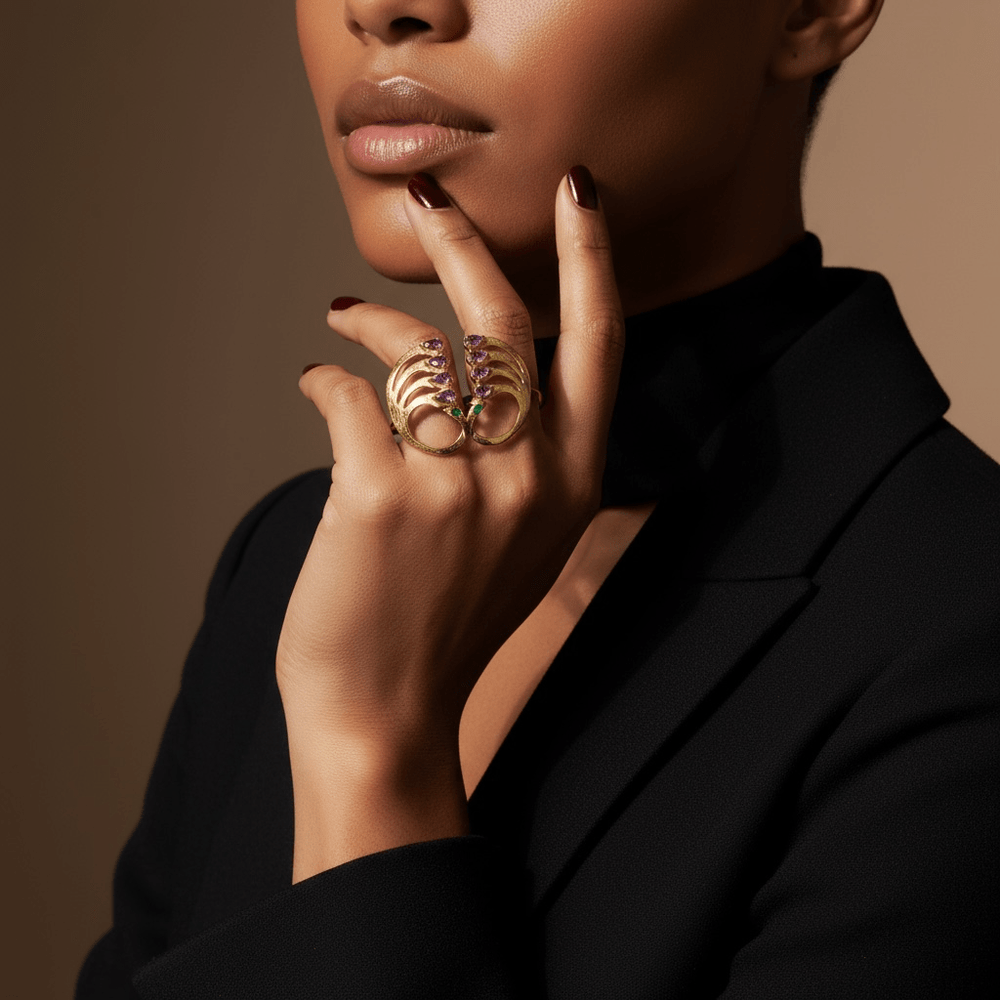 Alliyette Ring Peacock Splendor Two-Finger Cocktail Ring 18k sterling vermeil demi-fine jewelry