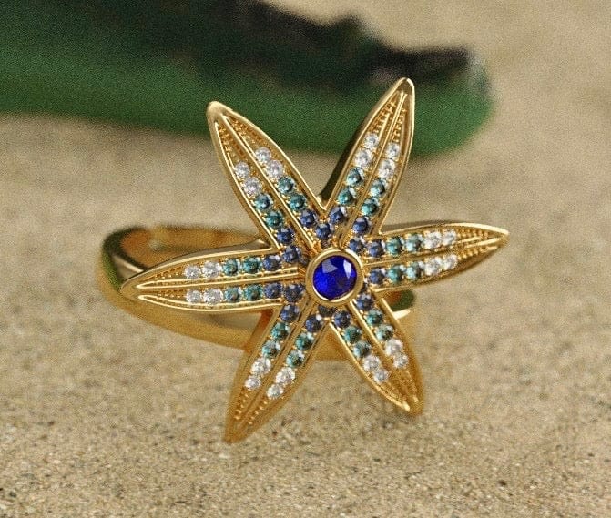 Alliyette Ring Six-Armed Starfish Gemstone Ring 18k sterling vermeil demi-fine jewelry