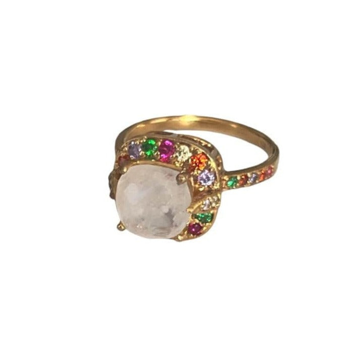 Twin Elegance Ring Cushion White Rainbow Moonstone / 5.5 Candy Crush Peacock Gemstone Ring 18k sterling vermeil demi-fine jewelry